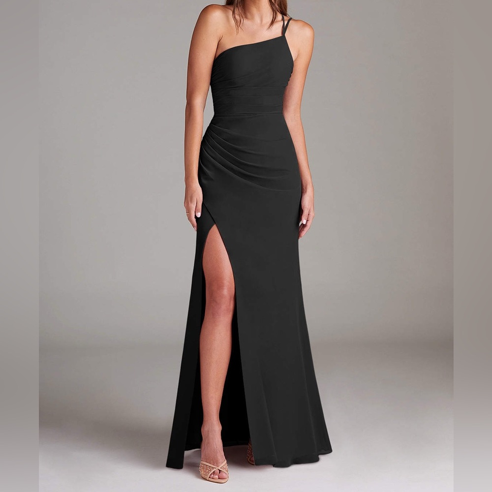 NWT Azazie Eren Black Sheath One Shoulder Stretch Crepe Dress LNC